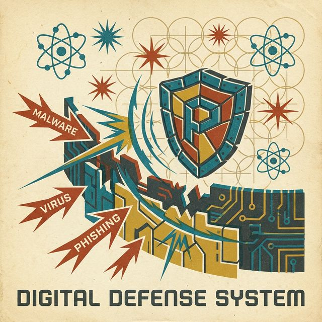 Mid-century modern illustration of a shield blocking digital threats
