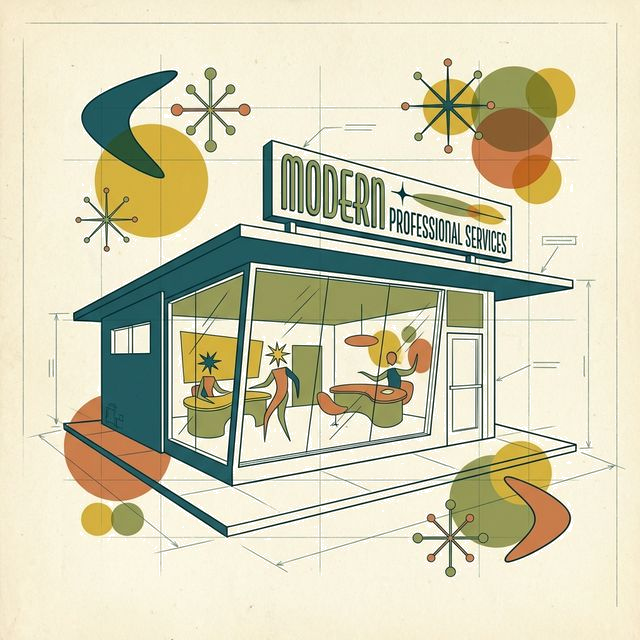 Mid-century modern illustration of a small business and figures
